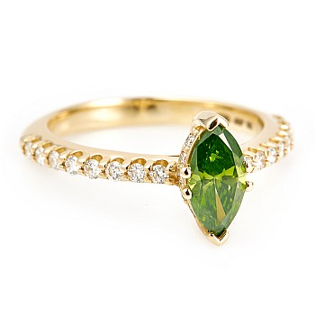 Inel de logodna din Aur 18k sau Platina cu Diamant Verde Marquise si Diamante Incolore - model i1050