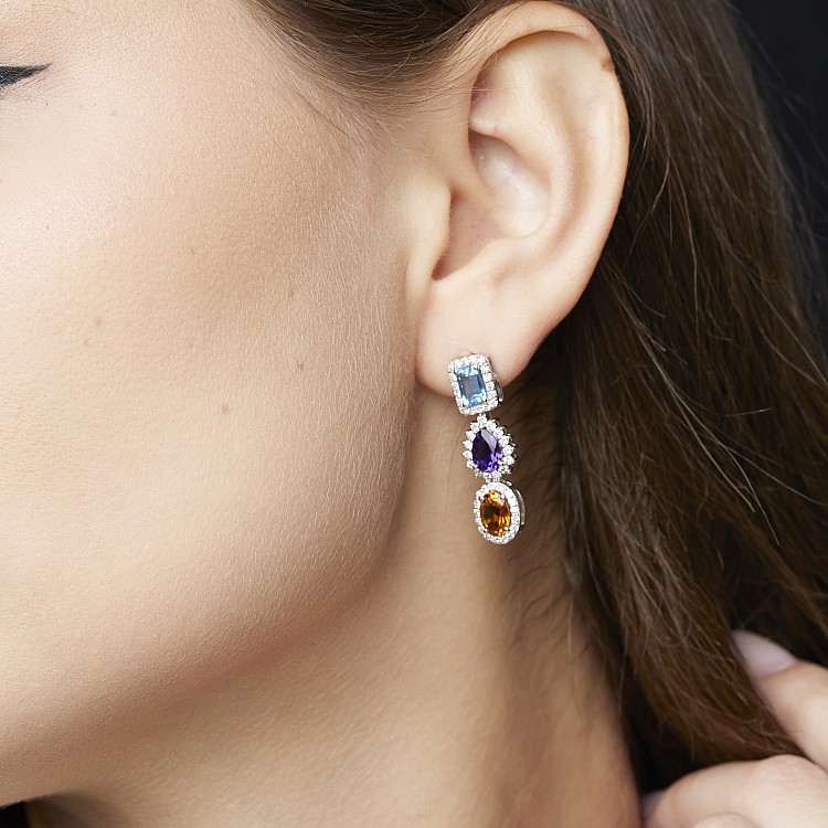 Cercei Fashion din Aur cu Pietre Colorate, Topaz Ametist Citrin si Diamante - model c3899