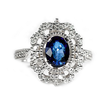 Inel vintage cadou din Aur 18k sau Platina cu Safir Oval si Diamante incolore - model i1661