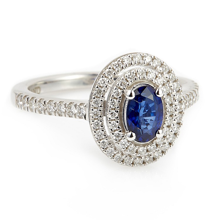 Inel de Logodna Vintage din Aur 18k sau Platina cu Safir Oval si Diamante incolore - model i1903
