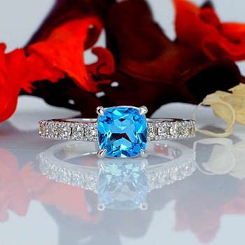 Inel Cadou Model Tiffany Novo din Aur sau Platina cu Topaz Antique Square si Diamante - model i645