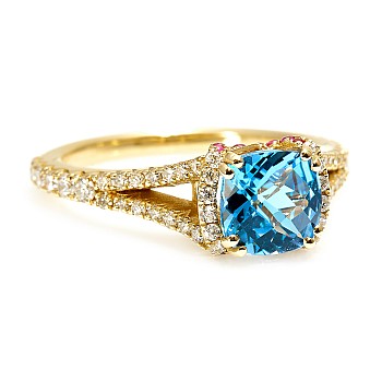 Inel Cadou din Aur cu Topaz Cushion, Rubine si Diamante - model i2705