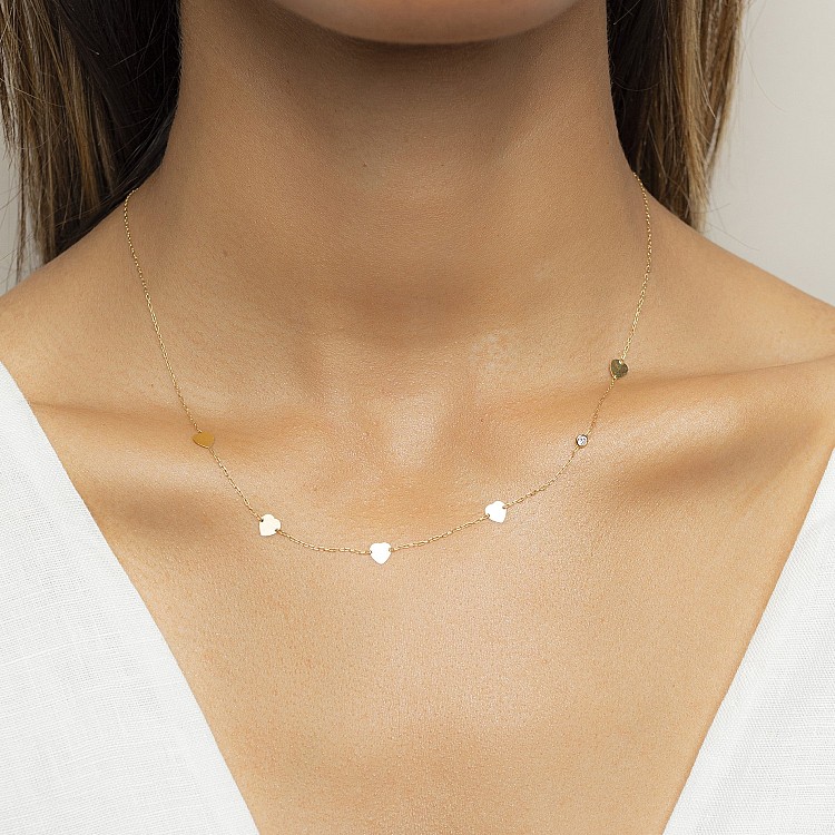 Colier cu Inimi din Aur si Diamant Bezel - model col2053