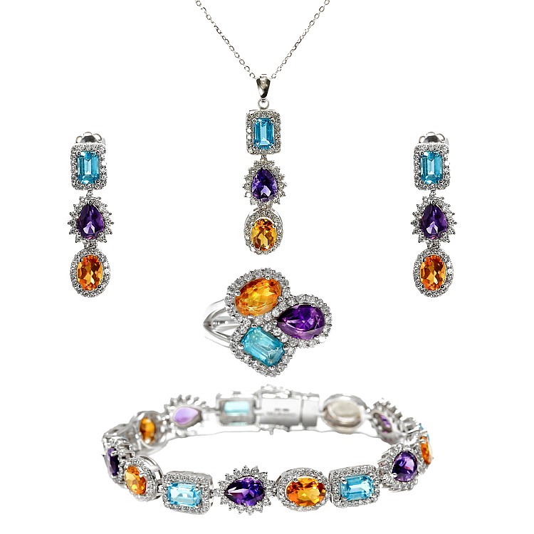 Set Fashion Cercei Inel Bratara si Pandantiv din Aur cu Pietre Colorate, Topaz Ametist Citrin si Diamante - model set3899