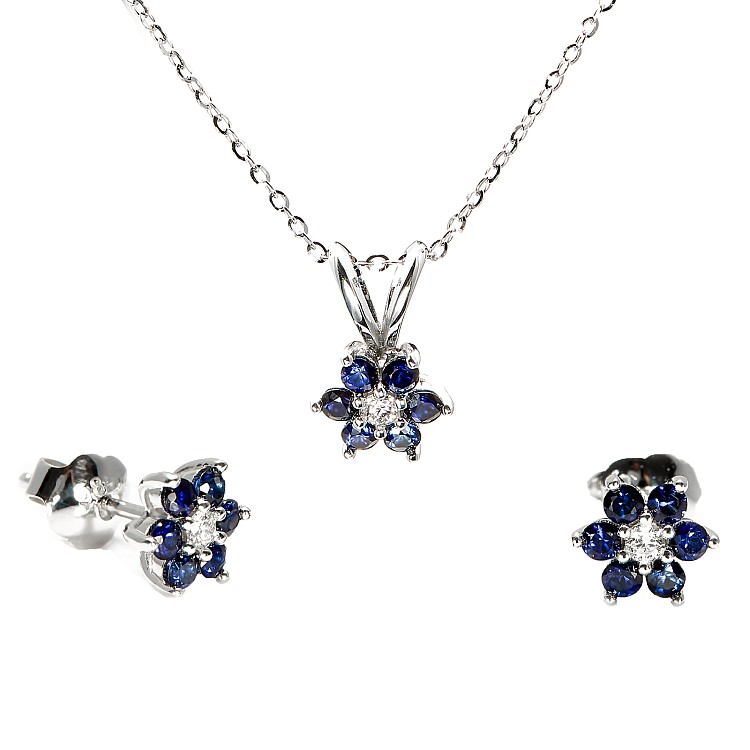 Set Pandantiv si Cercei floare din Aur cu Diamante Incolore si Safire - model set652