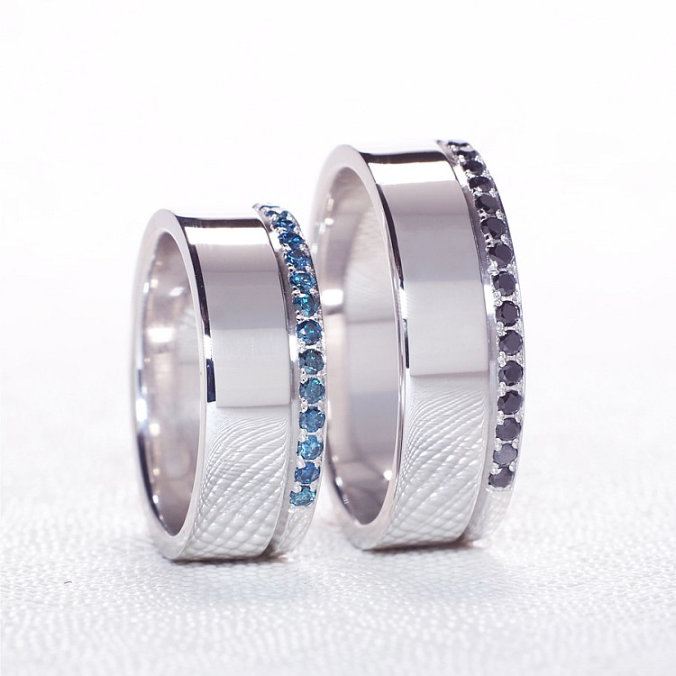 Verighete din Aur 18k sau Platina cu Diamante Albastre si Negre - model v038