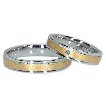 Verighete Mat Sablat din Aur 18k Doua Culori cu Diamant Albastru - model v0481