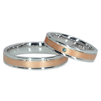 Verighete Mat Sablat din Aur 18k Doua Culori cu Diamant Albastru - model v0481