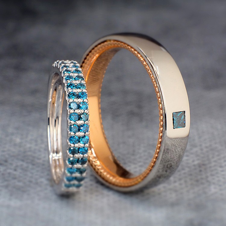 Verighete Model Verragio din Platina cu Aur cu Diamante Albastre - model v755.2