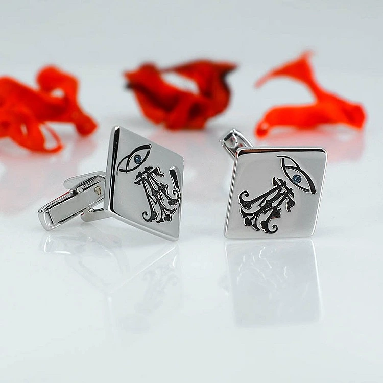 Butoni Monograma din Aur cu Diamante Albastre - model bt349