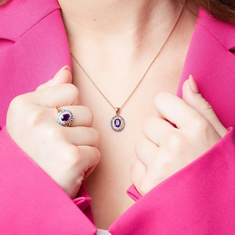 Set Complet Inel Cercei si Pandantiv din Aur cu Ametist si Diamante Naturale - model set1529