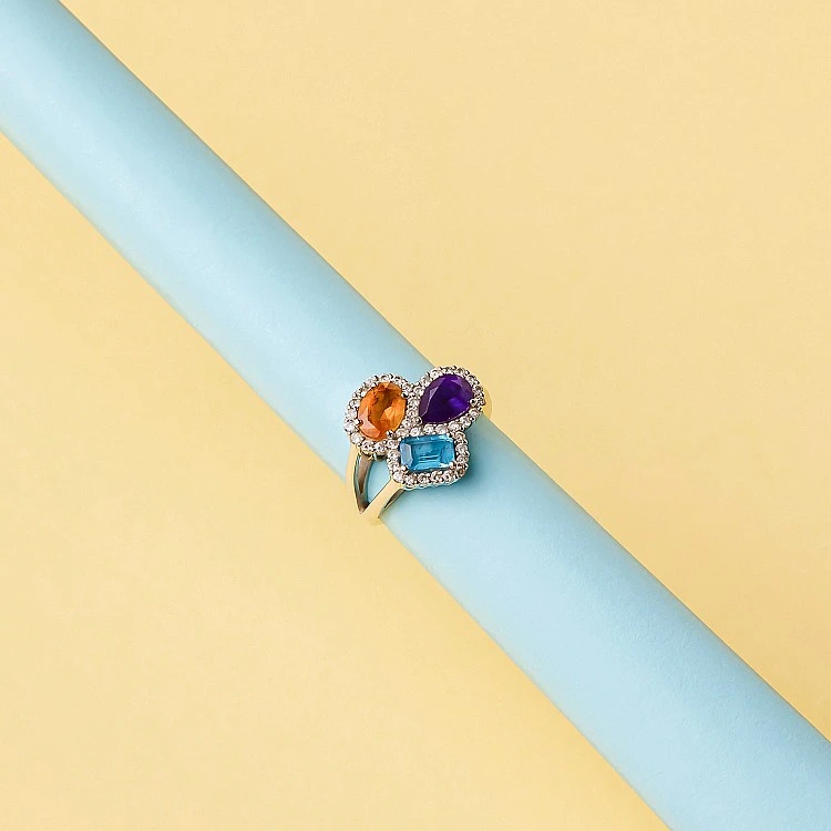 Inel Fashion din Aur cu Pietre Colorate, Topaz Ametist Citrin si Diamante - model i3899