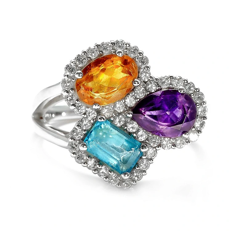 Inel Fashion din Aur cu Pietre Colorate, Topaz Ametist Citrin si Diamante - model i3899