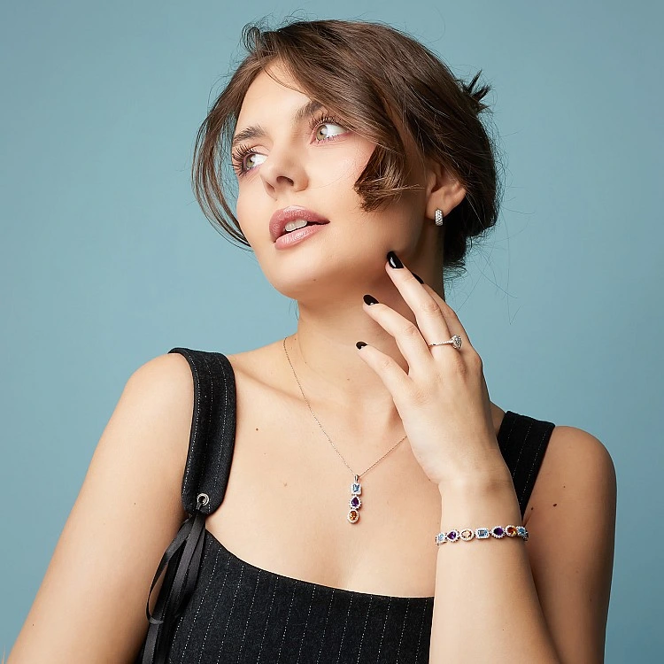 Pandantiv Fashion din Aur cu Pietre Colorate, Topaz Ametist Citrin si Diamante - model pan3899