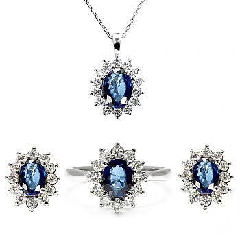 Set Complet Kate Middleton Inel Cercei si Pandantiv din Aur cu Safire si Diamante Naturale - model set055