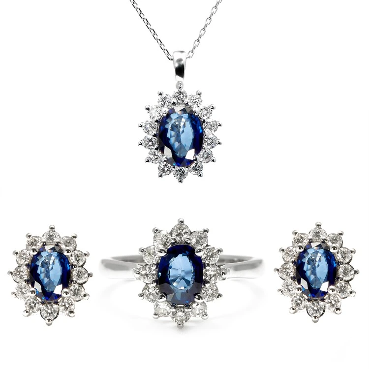 Set Complet Kate Middleton Inel Cercei si Pandantiv din Aur cu Safire si Diamante Naturale - model set055