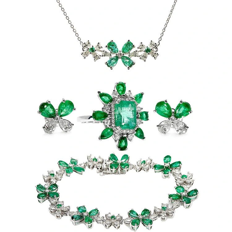 Set Fashion Cercei Inel Bratara si Pandantiv din Aur cu Smaralde si Diamante - model set2752
