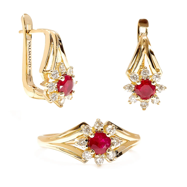 Set Inel si Cercei din Aur sau Platina cu Rubine si Diamante - model set006