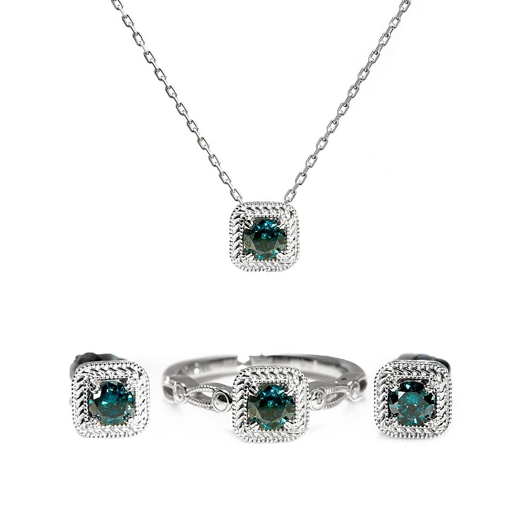 Set Vintage Pandantiv, Inel, Cercei din Aur cu Diamante Albastre Rotunde - model set122341