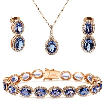 Set Fashion Bratara, Pandantiv si Cercei din Aur cu Tanzanite Ovale si Diamante - model set2118