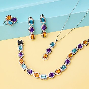 Set Fashion Cercei Inel Bratara si Pandantiv din Aur cu Pietre Colorate, Topaz Ametist Citrin si Diamante - model set3899