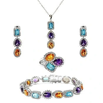 Set Fashion Cercei Inel Bratara si Pandantiv din Aur cu Pietre Colorate, Topaz Ametist Citrin si Diamante - model set3899