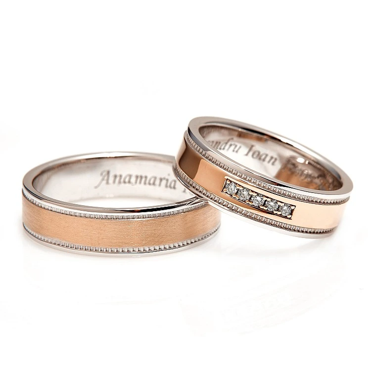 Verighete din Doua Culori de Aur 18k cu Diamante - model v324