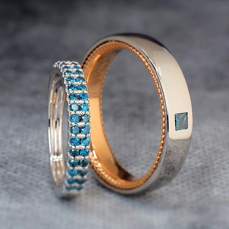 Verighete Model Verragio din Platina cu Aur cu Diamante Albastre - model v755.2
